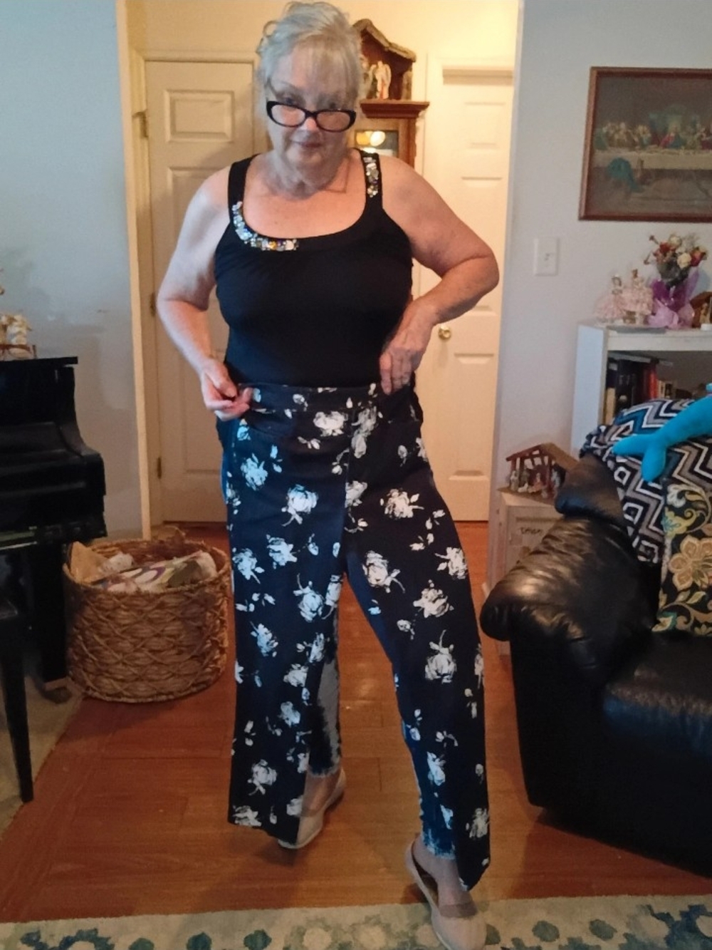 Faded Glory Black Wide-Leg Pants with White Floral Print
